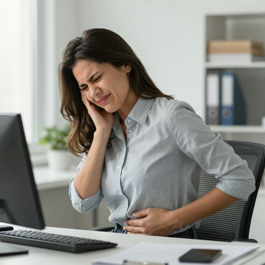 Persona en su escritorio sosteniendo su espalda por dolor lumbar